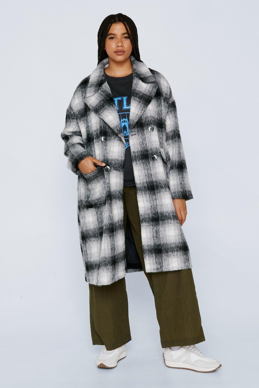 Black Plus Size Check Double Breasted Wool Look Coat image number 1