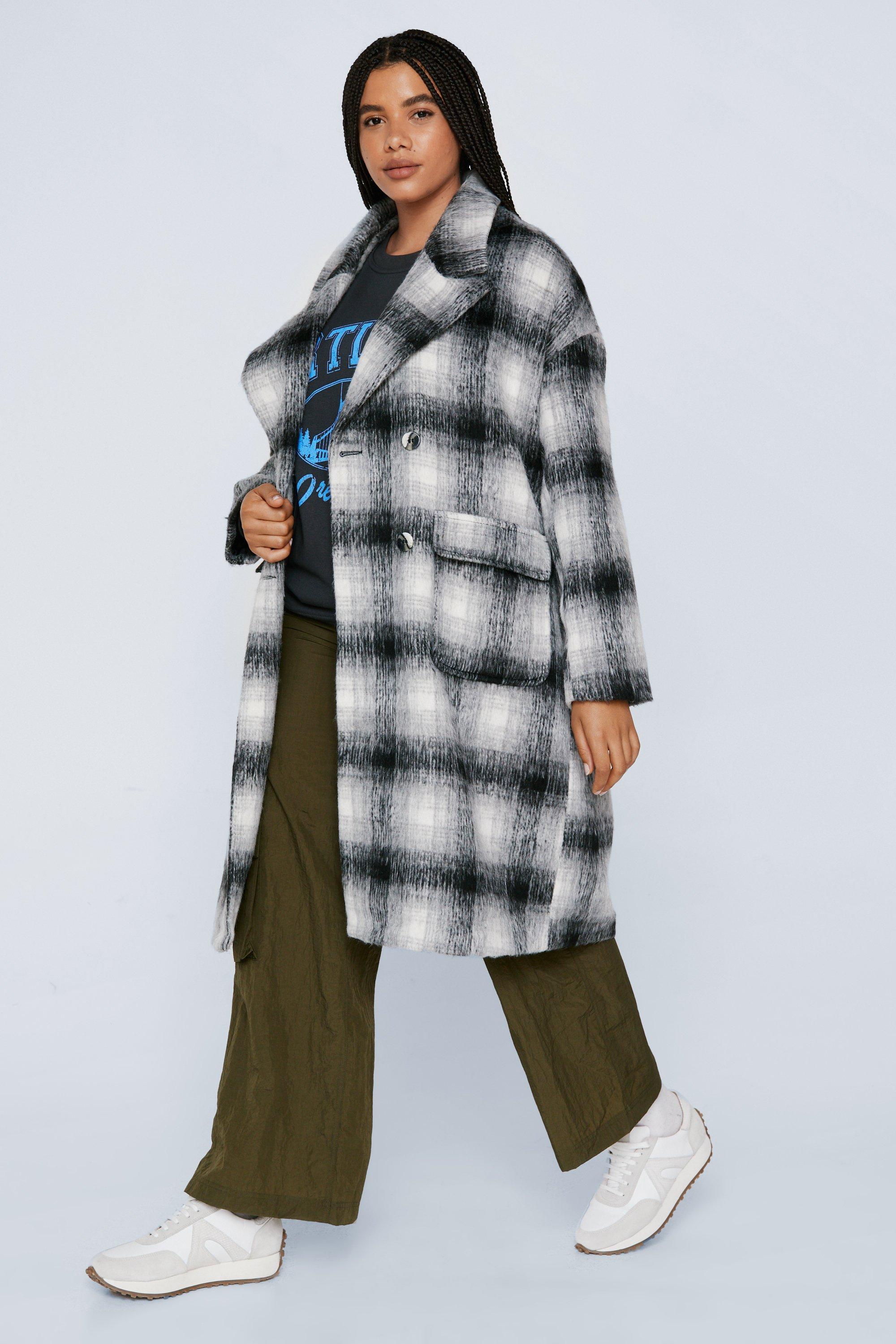 Plus Size Check Double Breasted Wool Look Coat