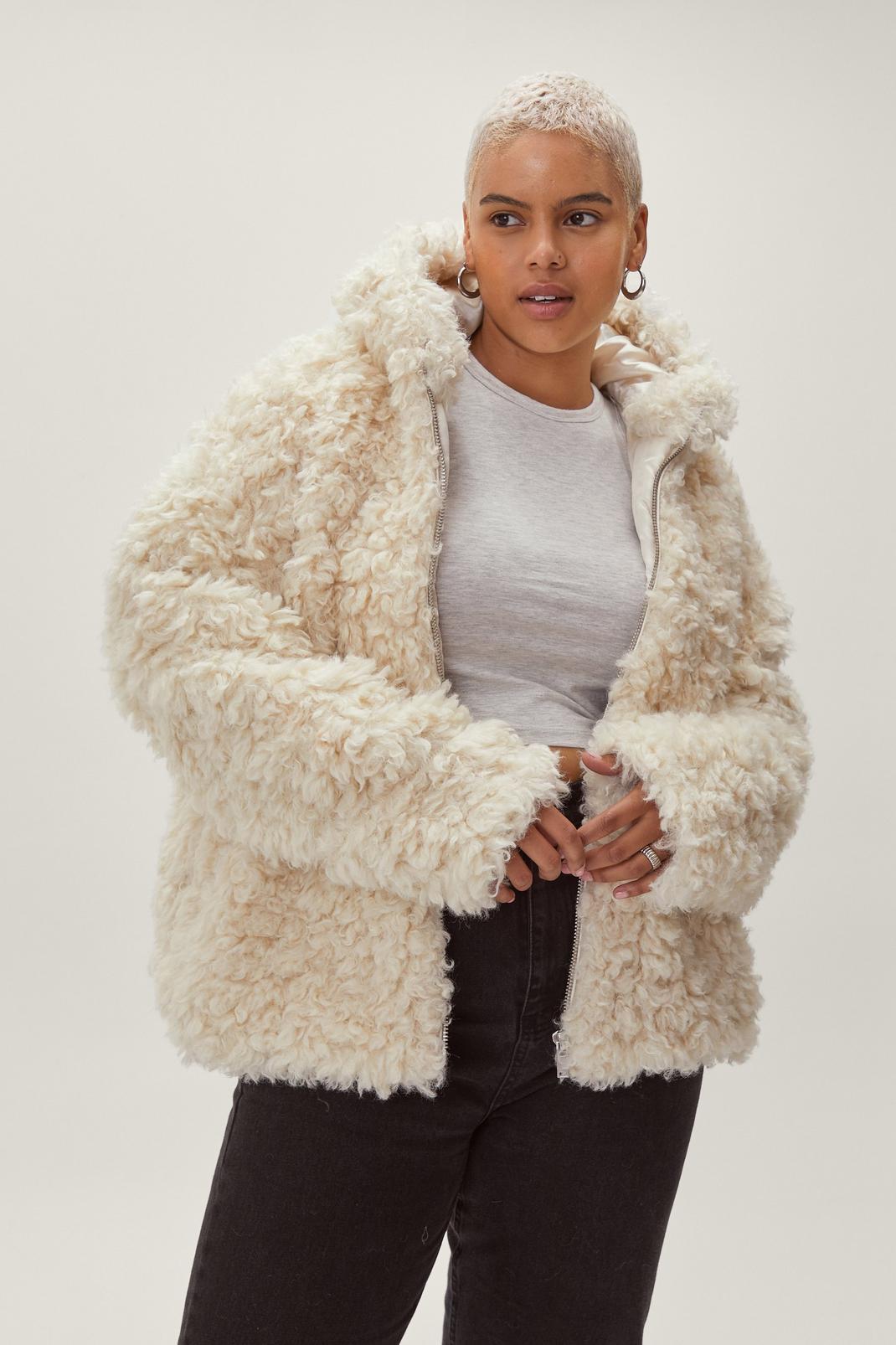 Cream Plus Size Teddy Faux Fur Zip Through Jacket image number 1