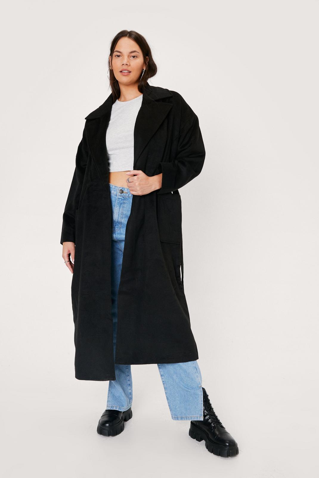 Grande Taille - Manteau ceinturé effet laine à poches, Black image number 1