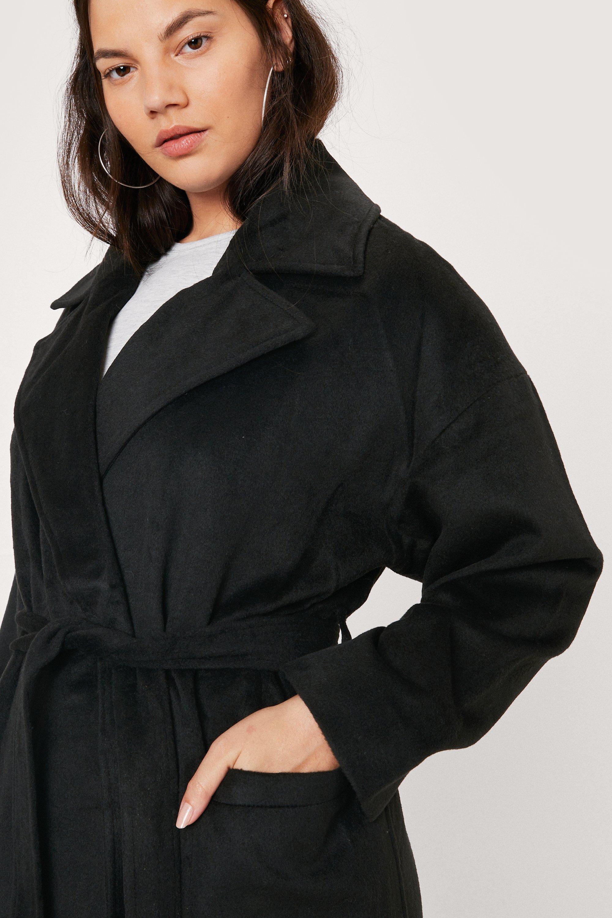 Plus Size Oversized Belted Wool Look Coat