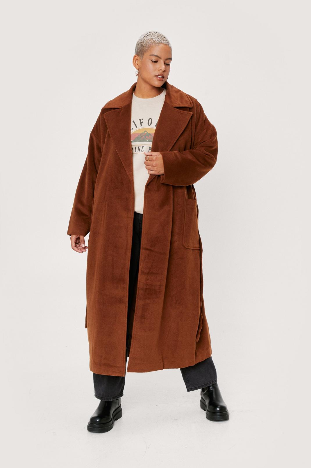 Grande Taille - Manteau ceinturé effet laine à poches, Chocolate image number 1