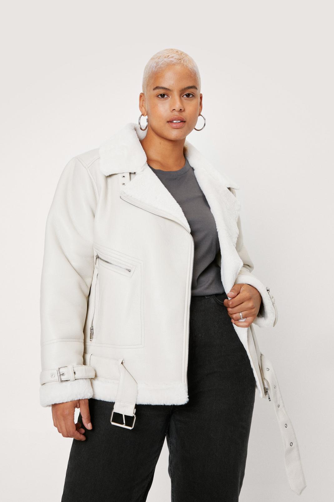 Cream Plus Size Faux Leather Zip Detail Aviator Jacket image number 1
