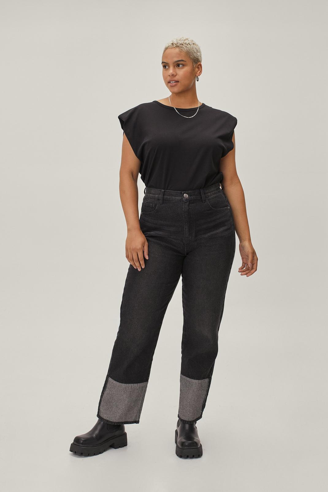 Grande Taille - Jean droit en coton à détails contrastants, Washed black image number 1