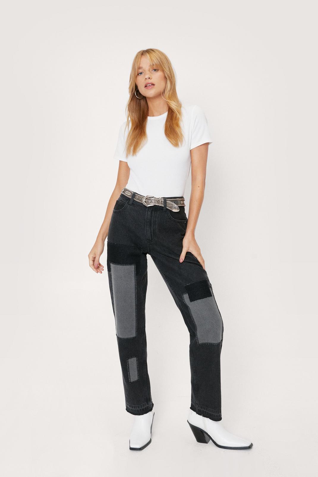 Petite Organic Denim Patchwork Straight Leg Jeans image number 1