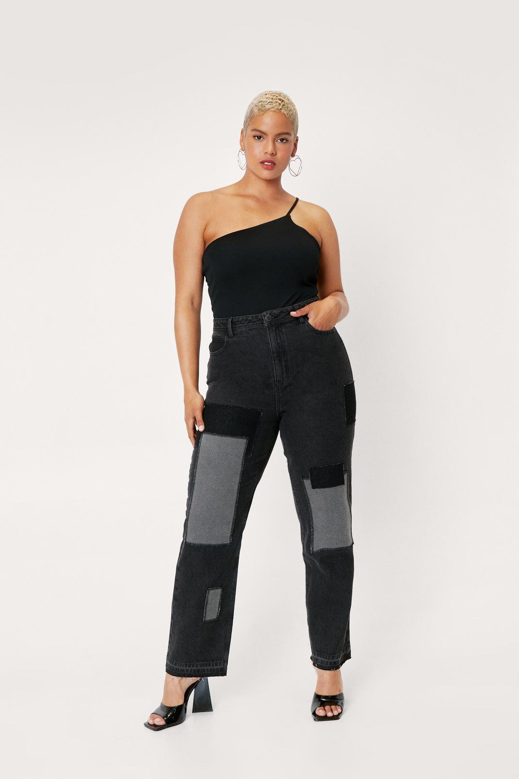 Washed black Plus Size Denim Patchwork Jeans image number 1