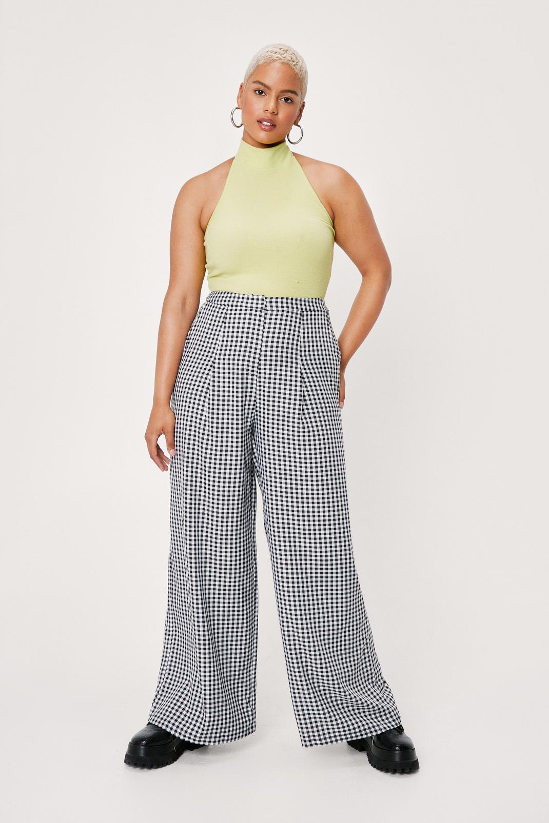 Women's Plus High Waisted Slim Checked Trousers
