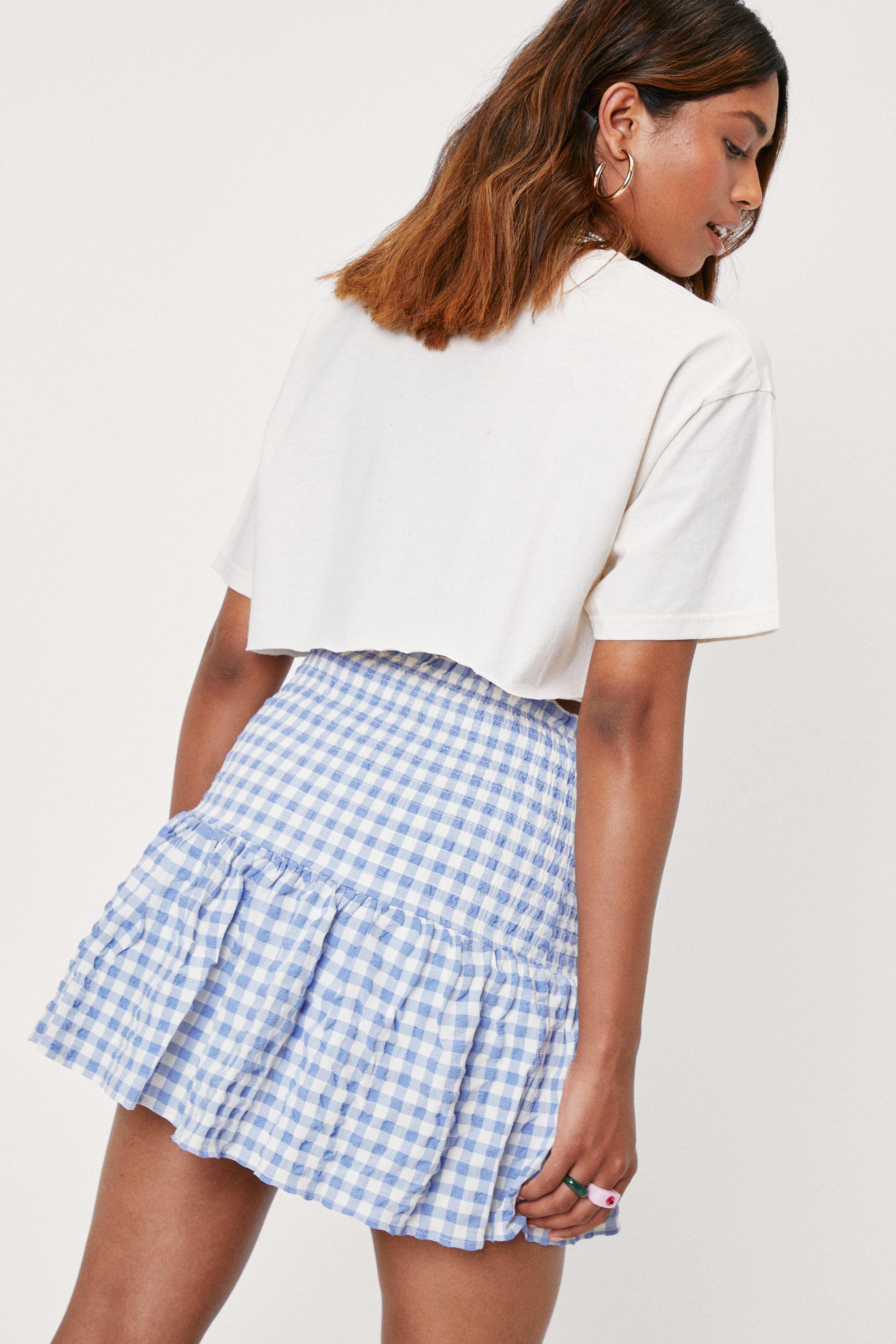 Shirred Gingham Print Mini Skirt ...
