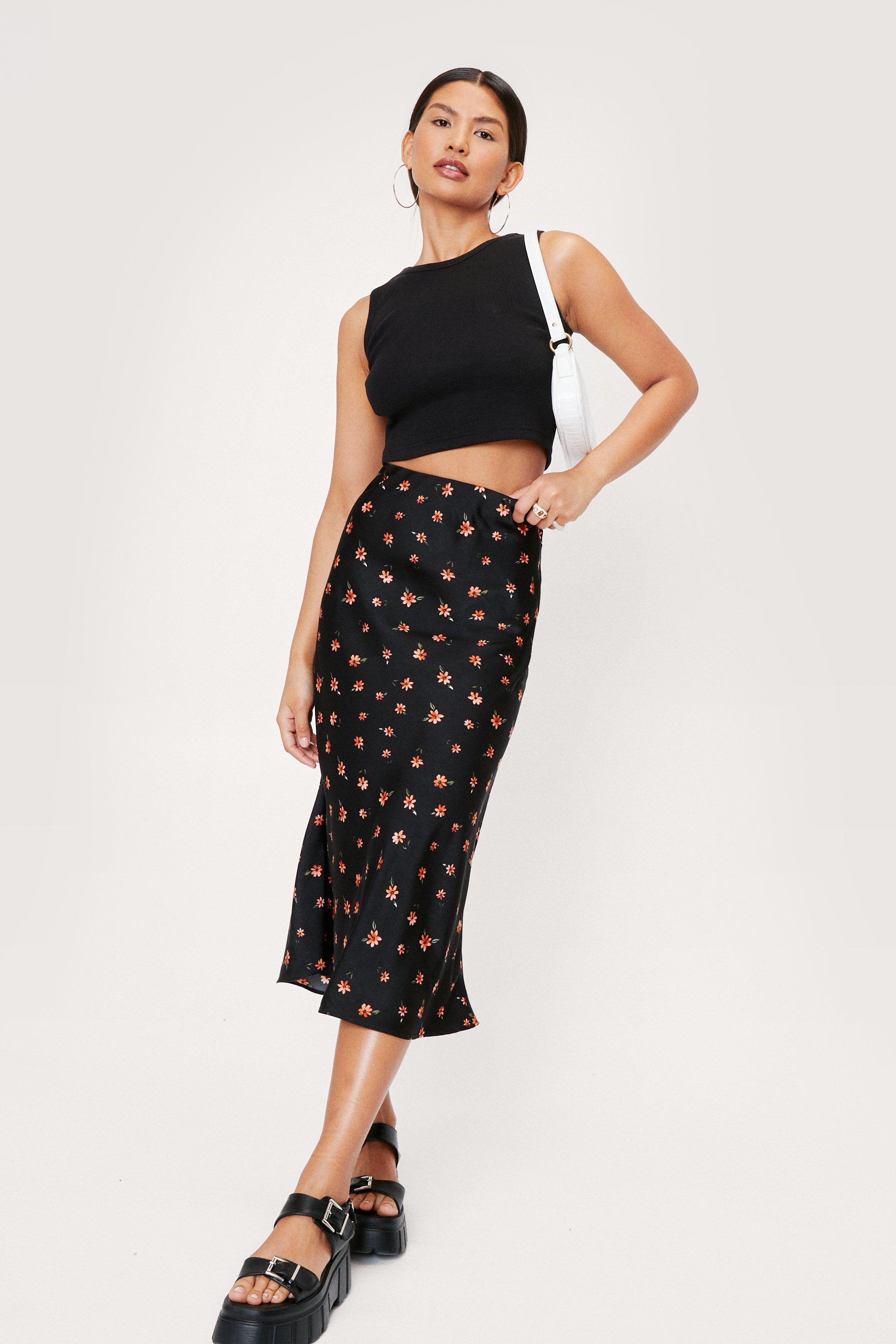 satin floral midi skirt