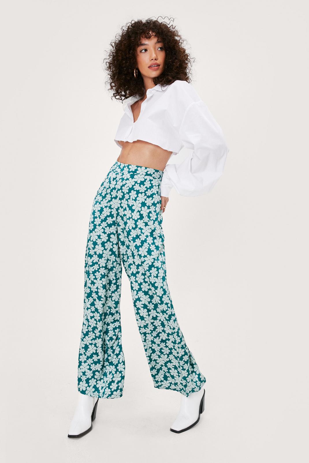 Green Satin Floral Print Wide Leg Trousers image number 1