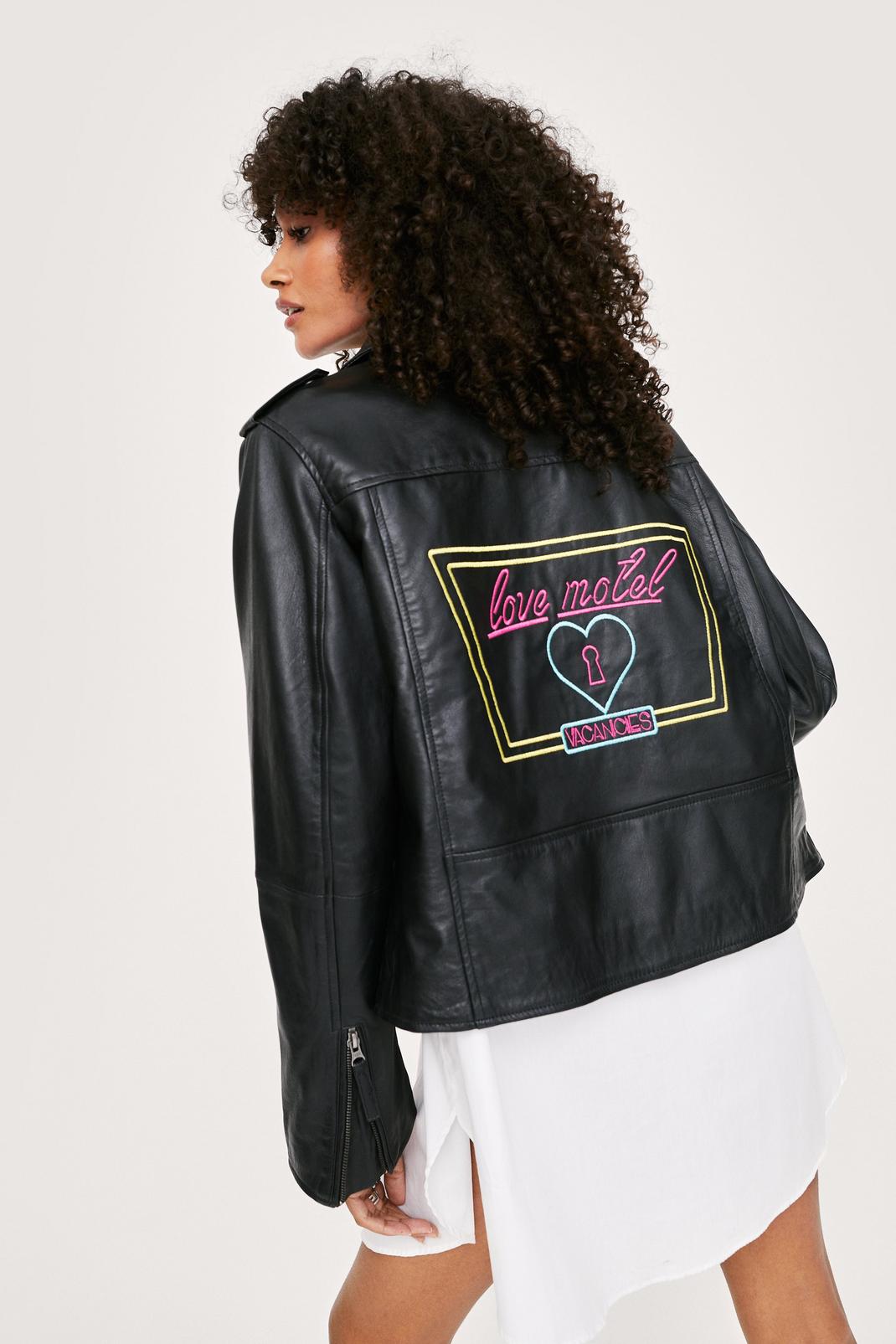 Black Love Motel Embroidered Real Leather Jacket image number 1