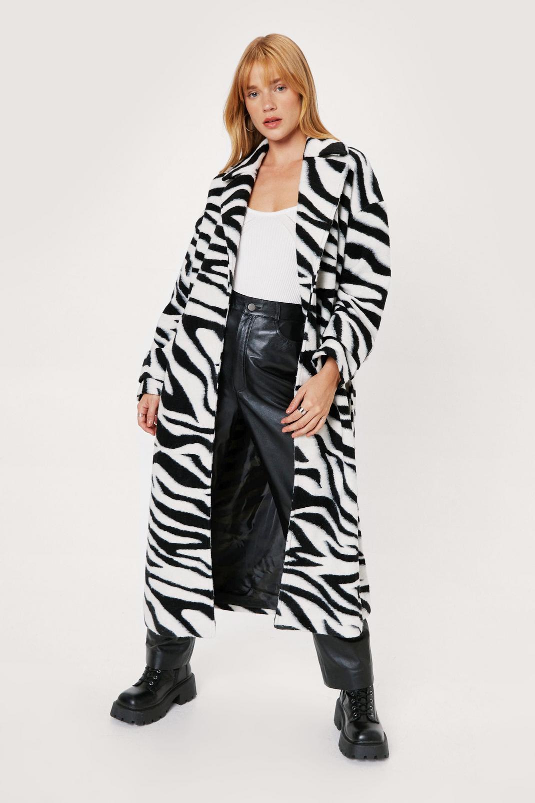 Black Petite Zebra Print Maxi Belted Coat image number 1