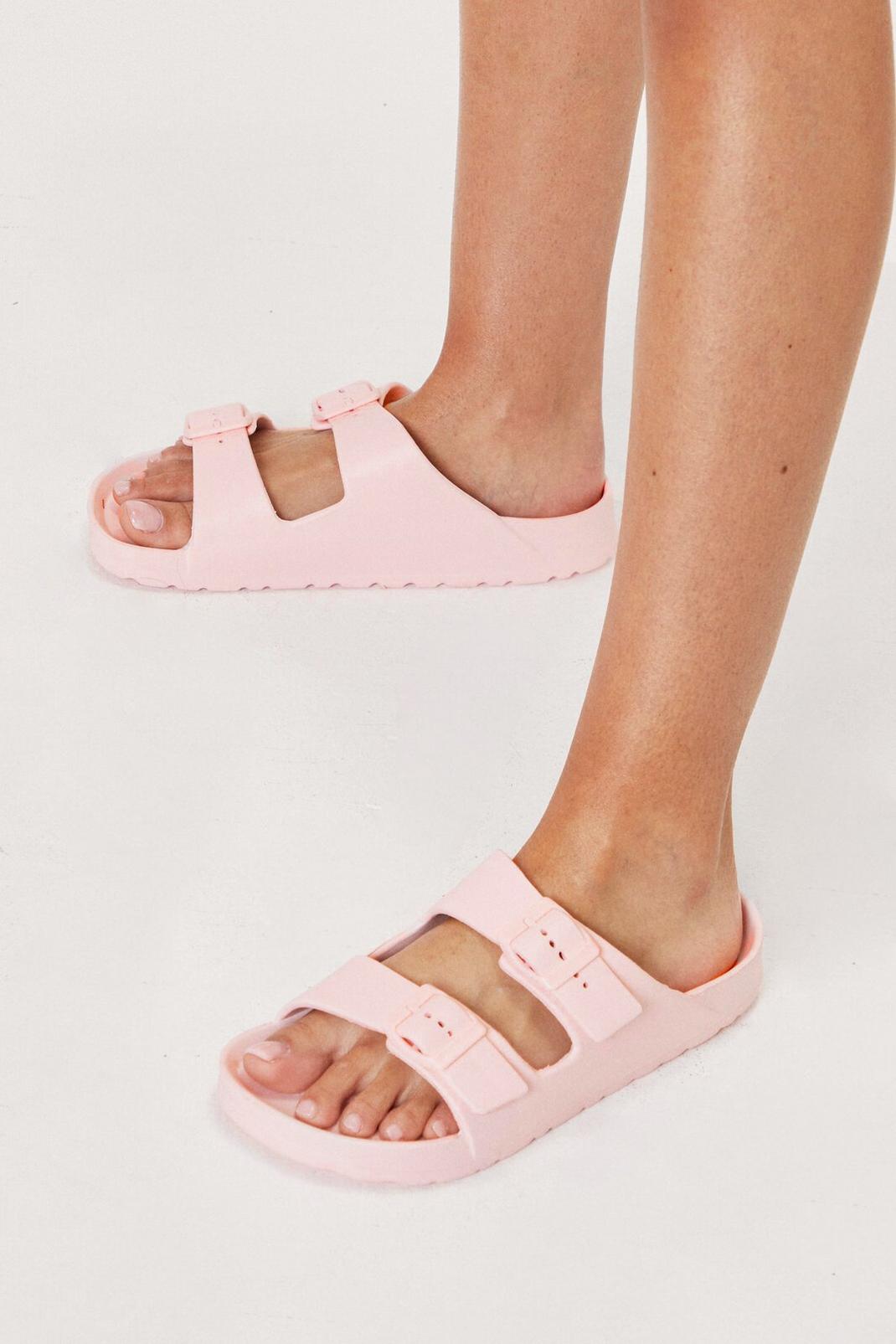 Pink Textured Rubber Double Buckle Sandals image number 1