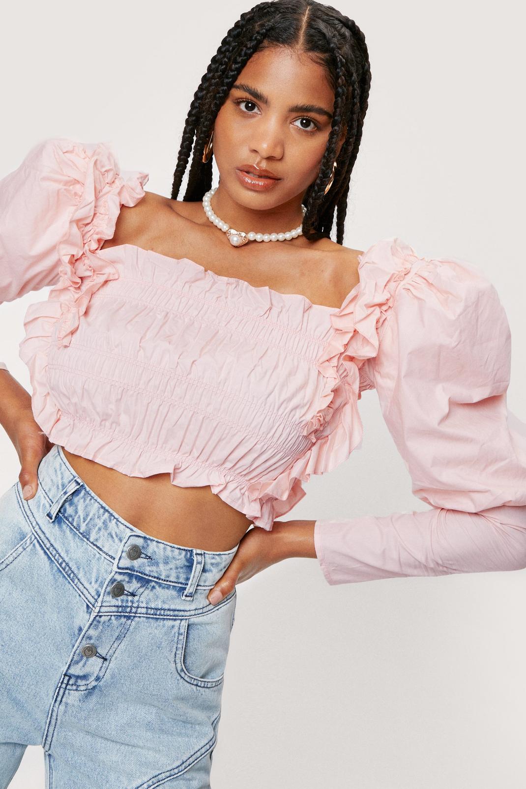 Pink Ruffle Detail Puff Sleeve Blouse image number 1