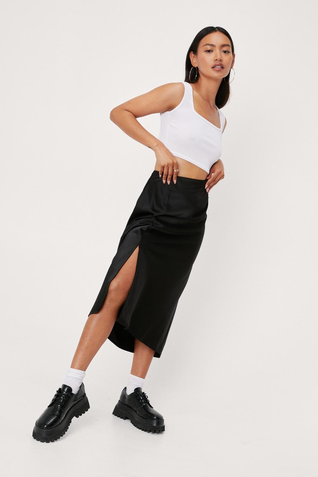 Black Petite Split Front Bias Cut Midi Skirt image number 1