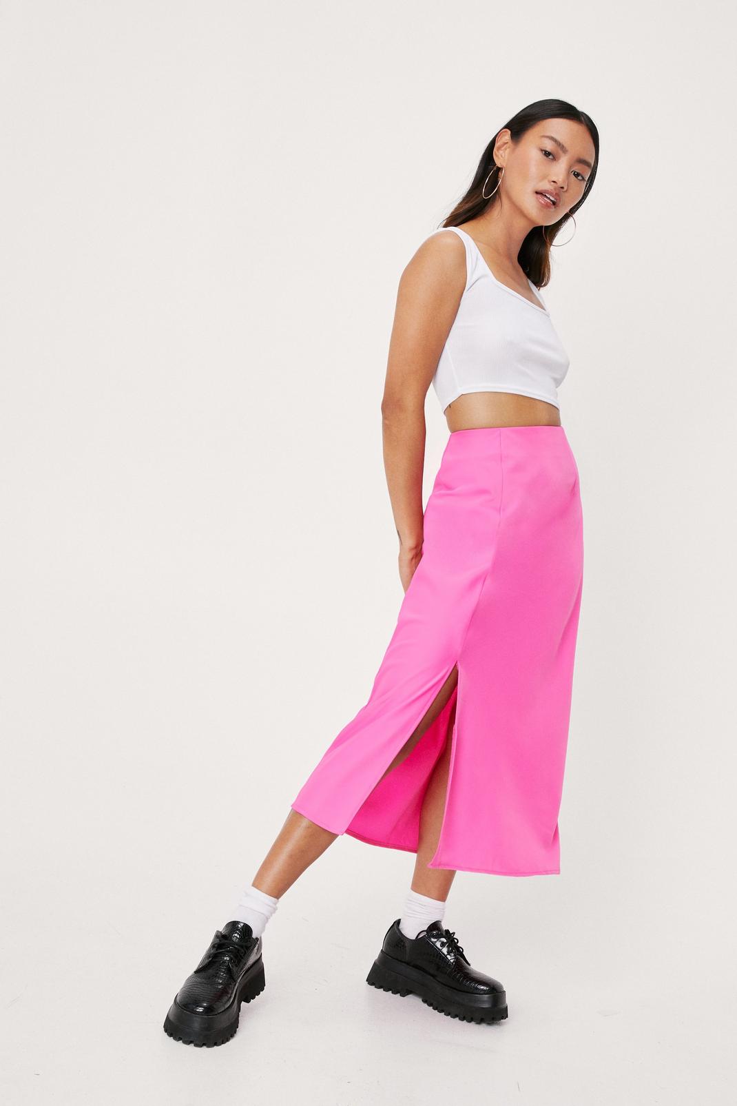Bright pink Petite Split Front Bias Cut Midi Skirt image number 1