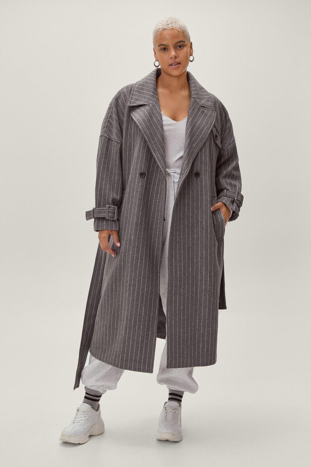 Manteau en laine rayé avec ceinture - Grande taille, Grey image number 1