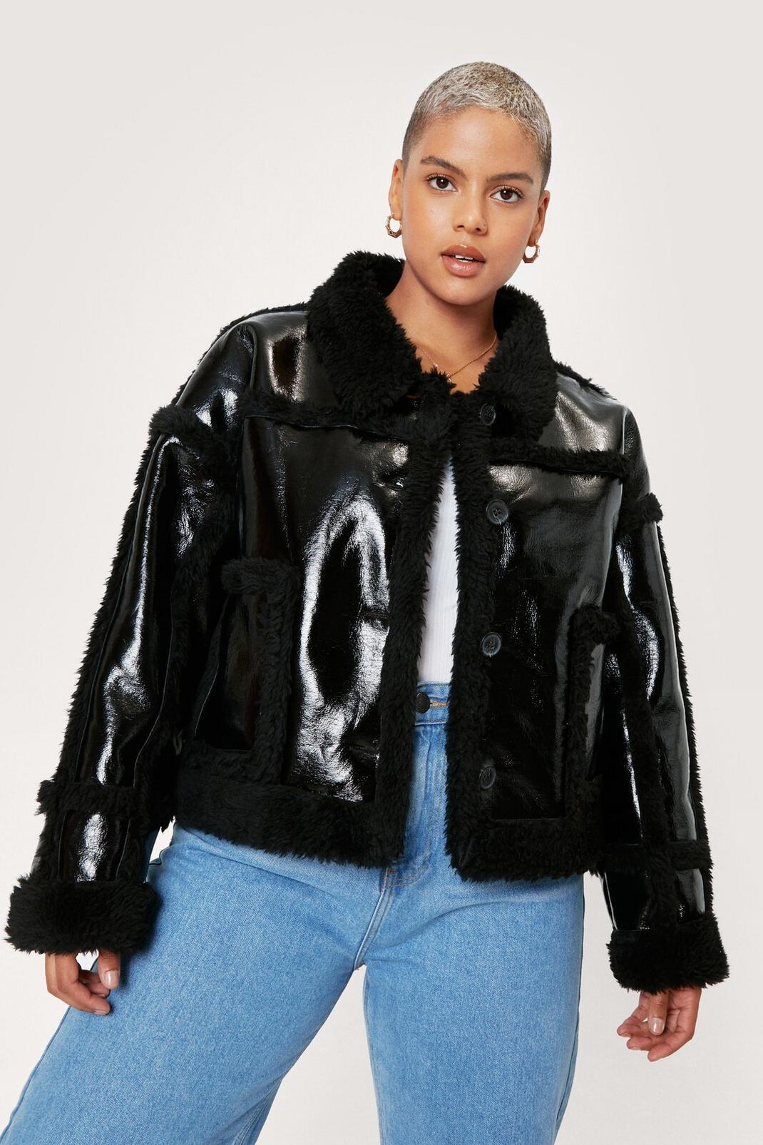 Black Plus Size Patent Faux Leather Aviator Jacket image number 1