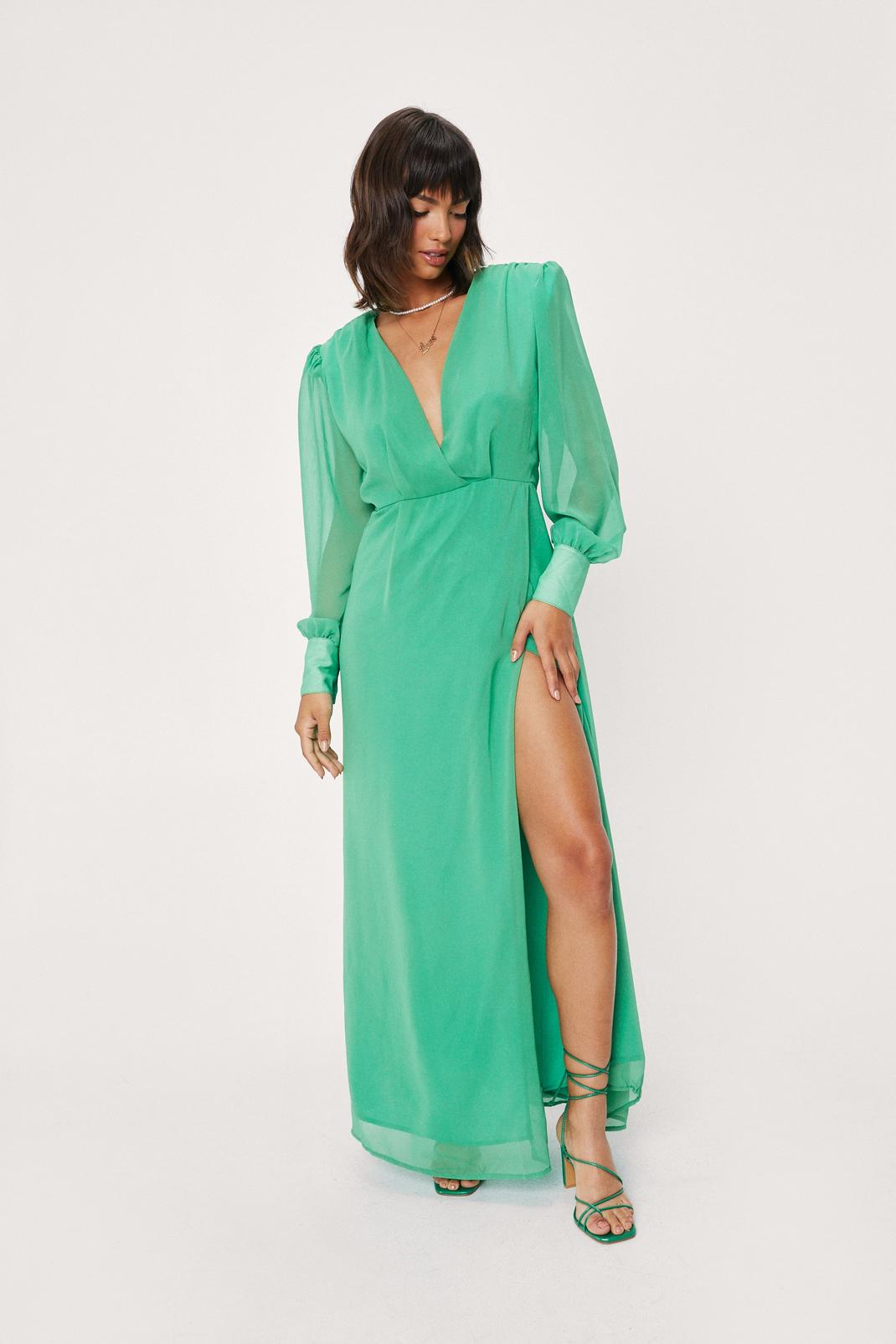 Bright green Sheer Sleeve Maxi Slit Wrap Dress image number 1