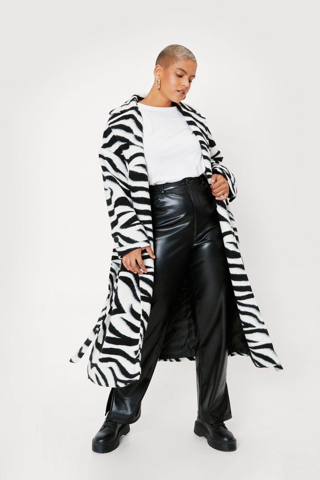 Black Plus Size Zebra Print Belted Midi Coat image number 1