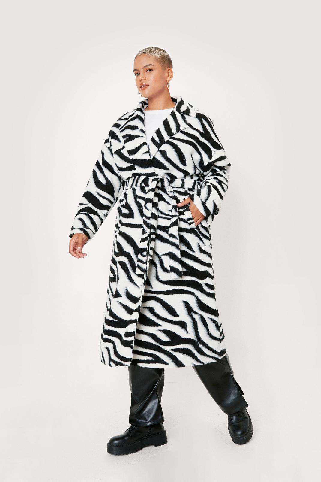 Plus Size Zebra Print Belted Midi Coat, 105 image number 2