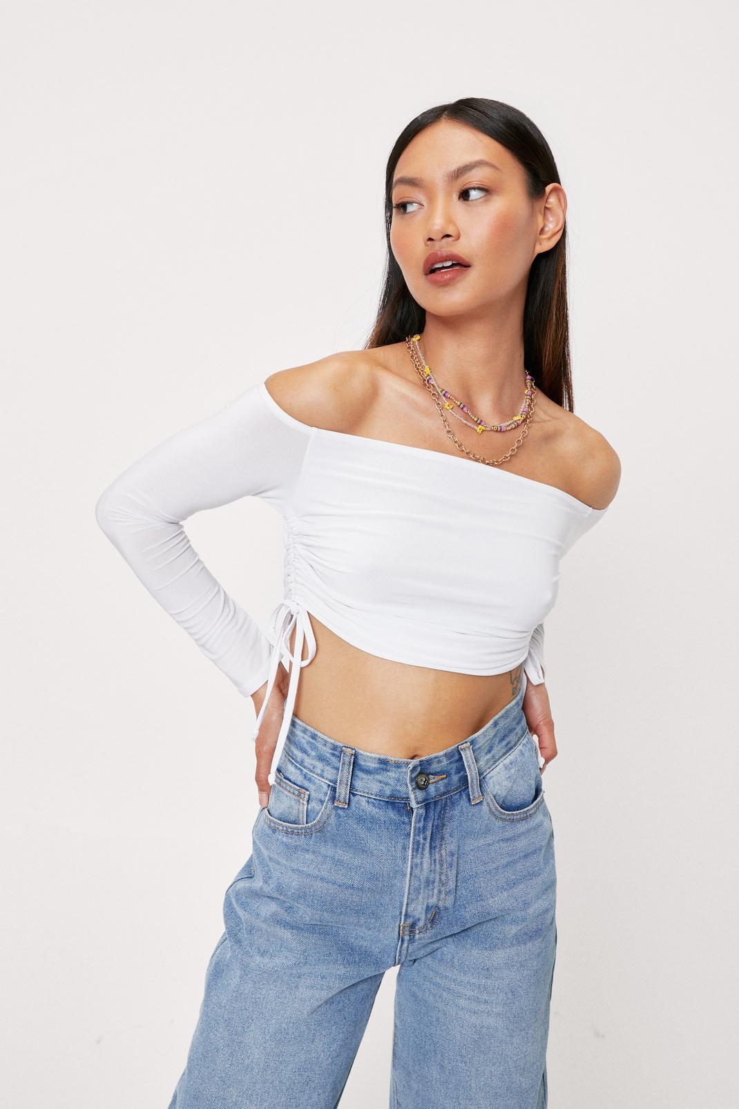 White Petite Slinky Off the Shoulder Crop Top image number 1