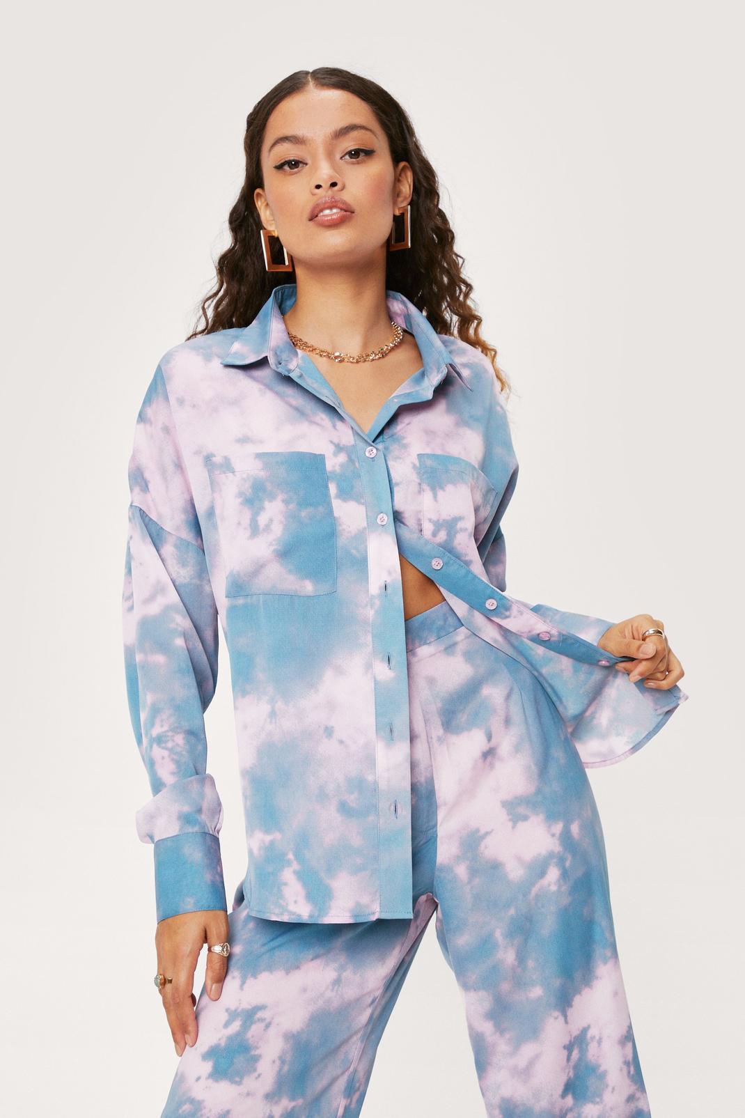 Blue Petite Oversized Tie Dye Shirt and Pants Set image number 1