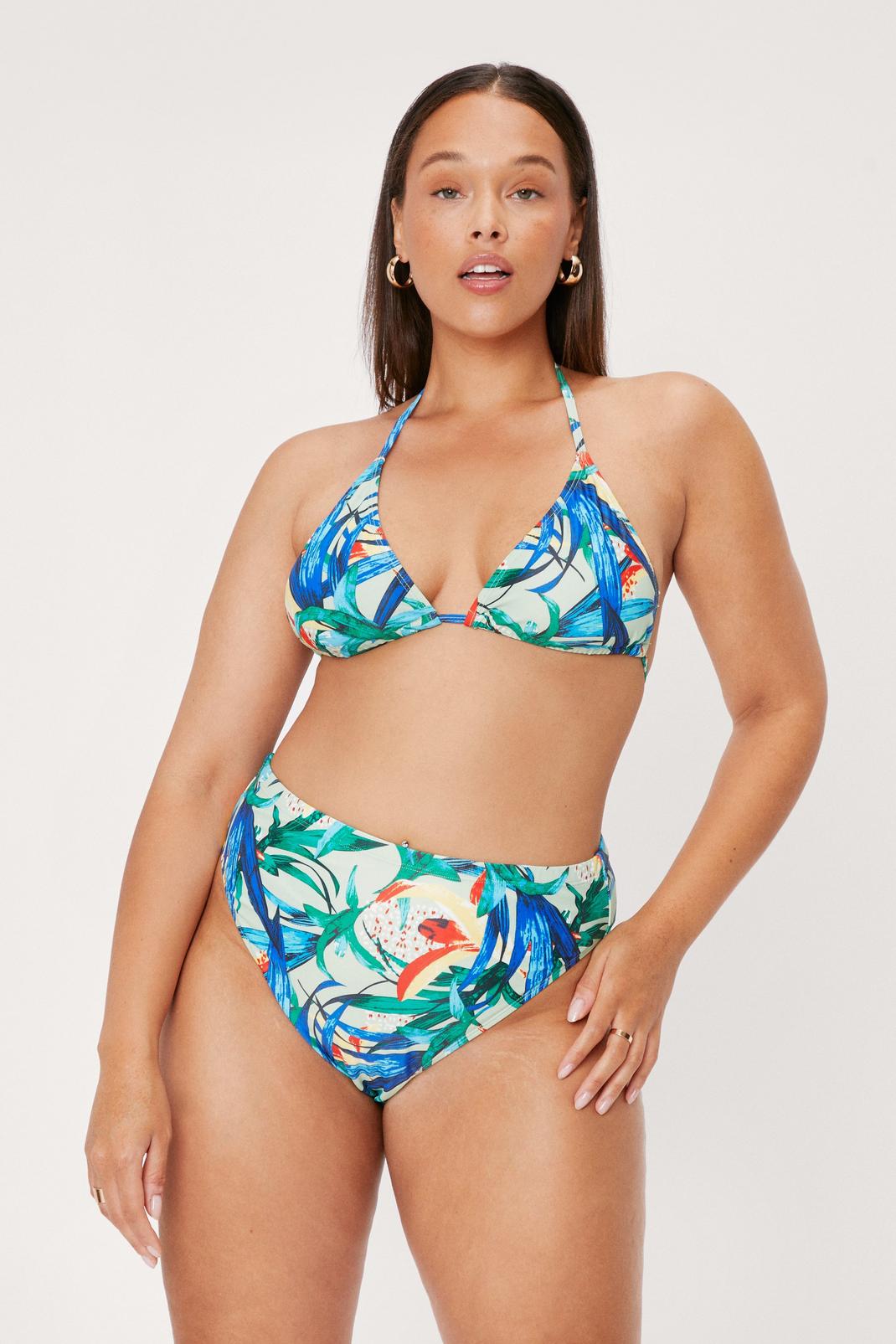 Green Plus Size Tropical Print Halter Bikini Top image number 1