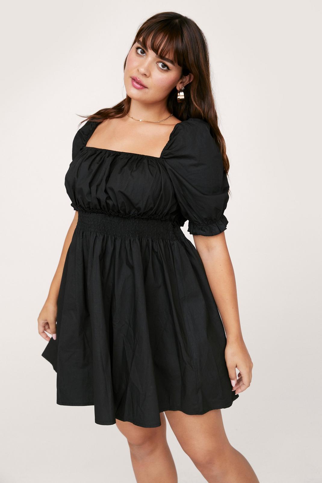 Black Plus Size Poplin Puff Sleeve Mini Dress image number 1