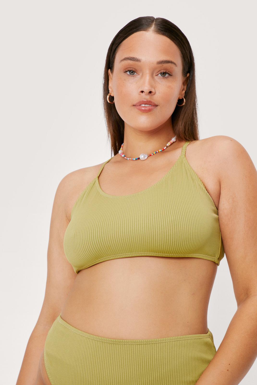 Olive Plus Size Rib Lace Up Back Bikini Top image number 1