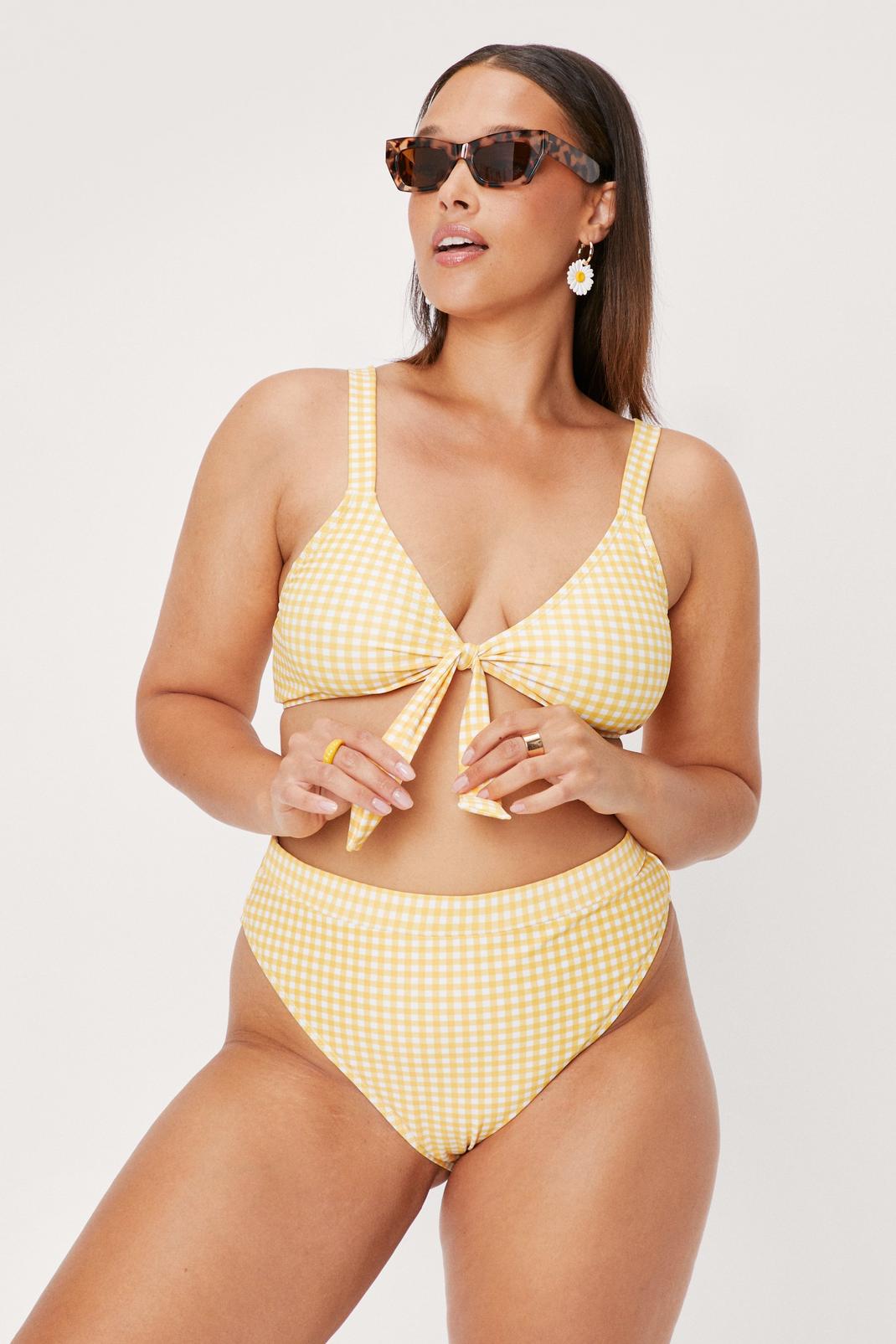 Yellow Plus Size Gingham Print Tie Bikini Set image number 1
