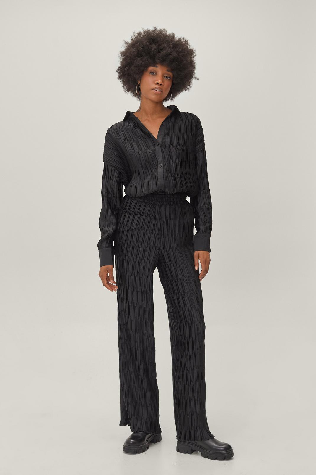Petite - Ensemble plissé chemise & pantalon large assorti, Black image number 1