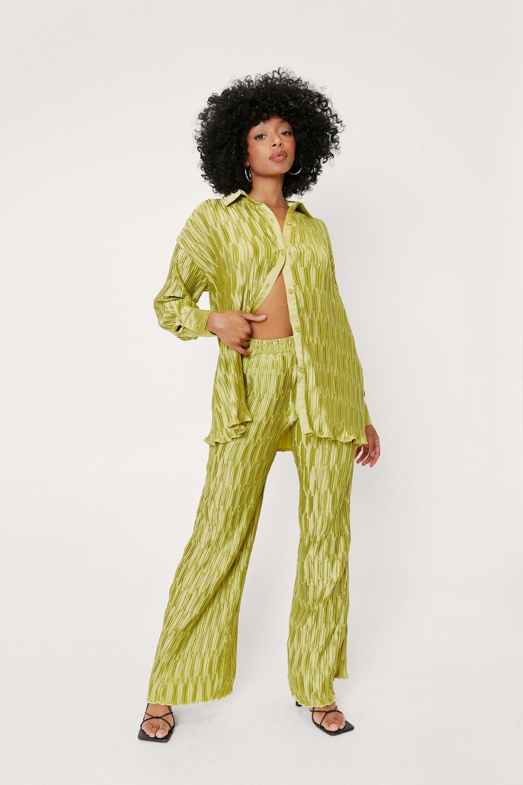 Petite - Ensemble plissé chemise & pantalon large assorti, Lime image number 1