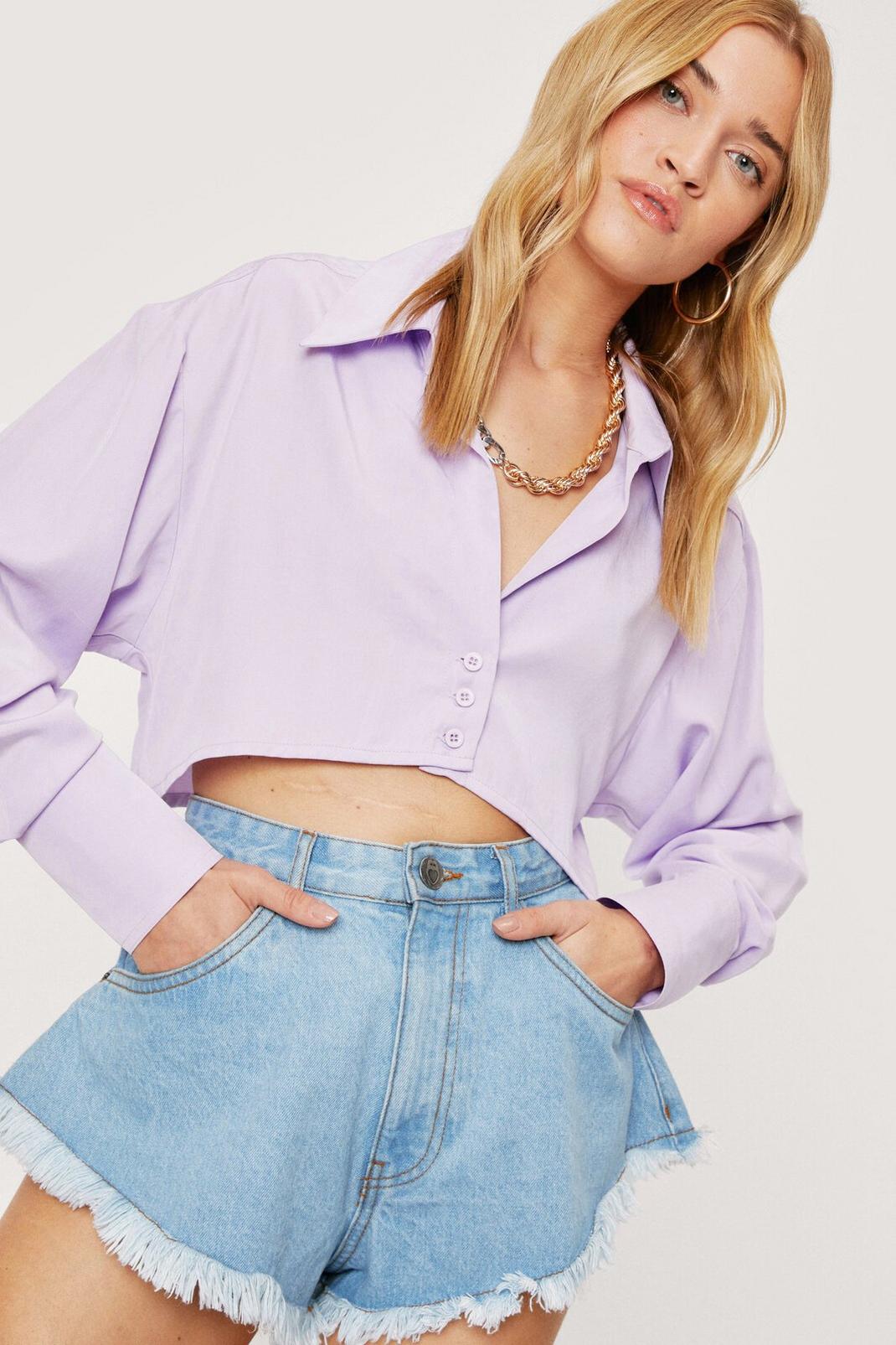 Purple Cropped Oversized Button Down Shirt image number 1