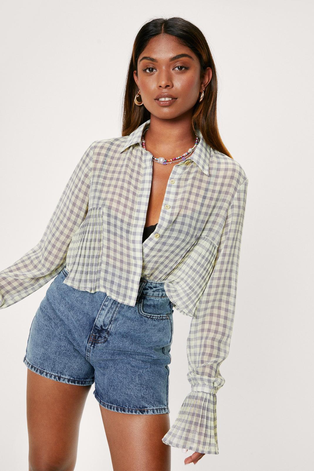 Green Check Print Gingham Pleated Cropped Shirt image number 1