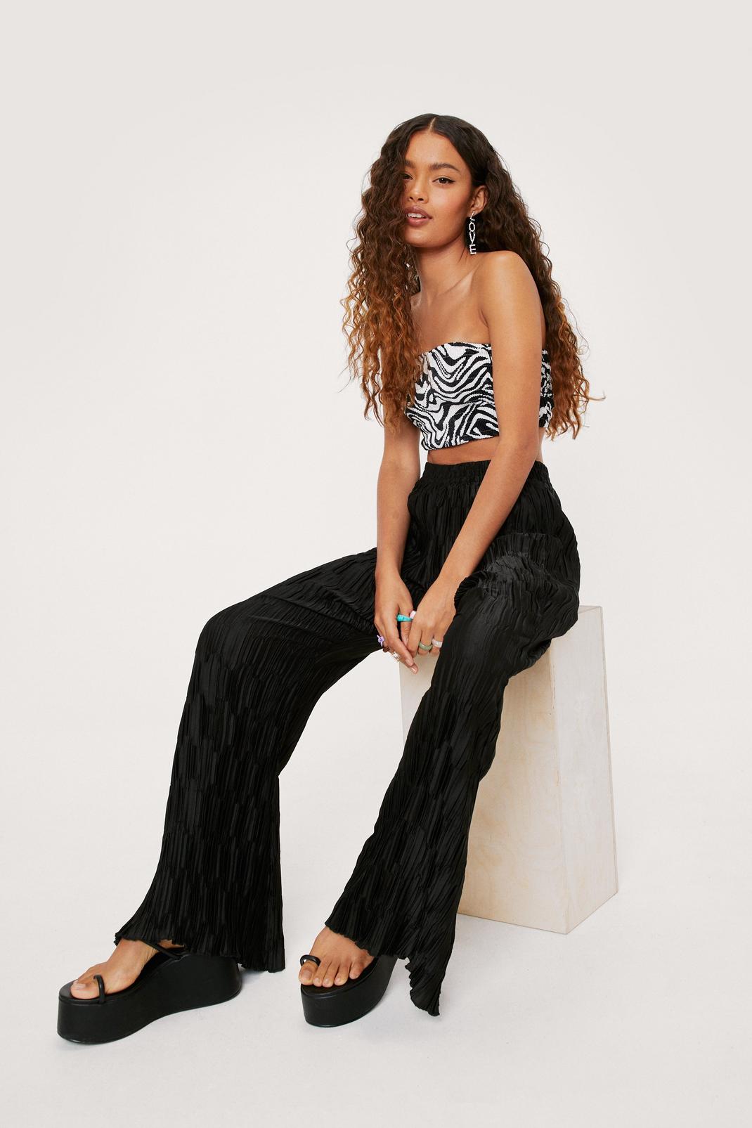 Black Petite Plisse High Waisted Wide Leg Trousers image number 1