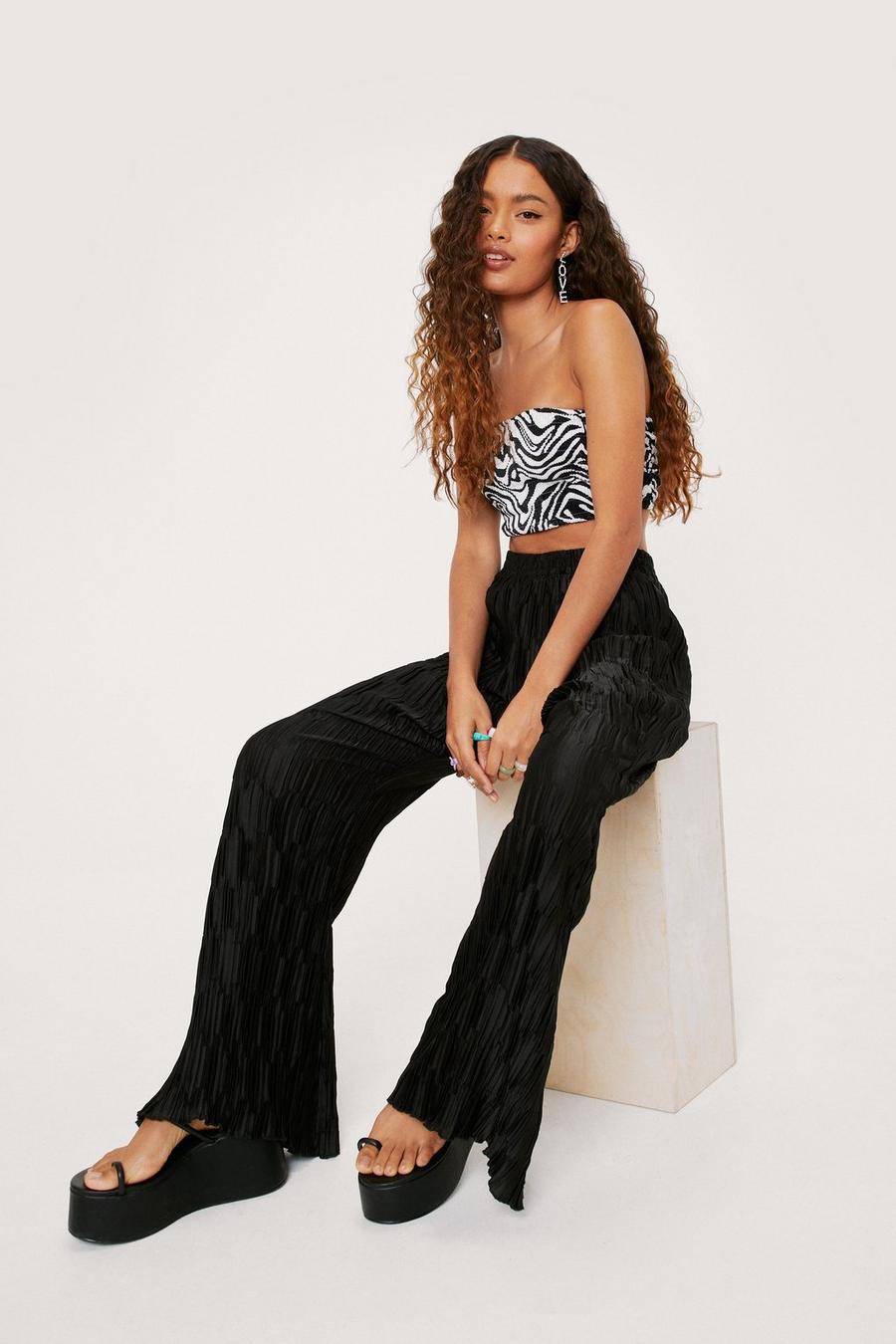 Petite Plisse High Waisted Wide Leg Trousers