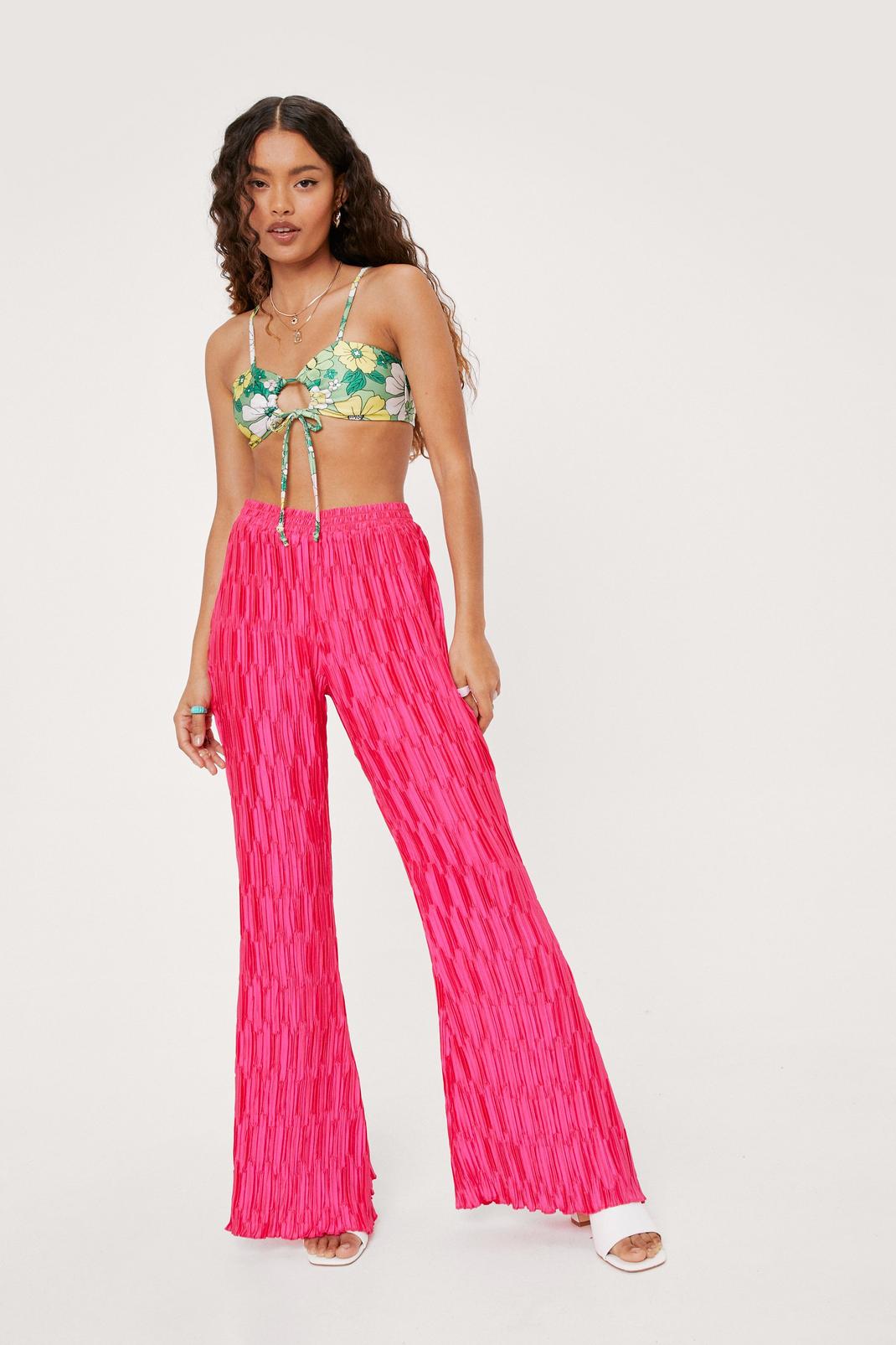 Hot pink Petite Plisse High Waisted Wide Leg Pants image number 1