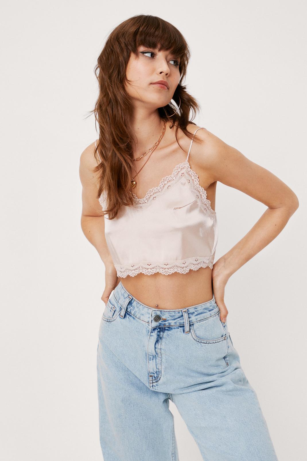Champagne Lace Trim Satin Cropped Cami Top image number 1