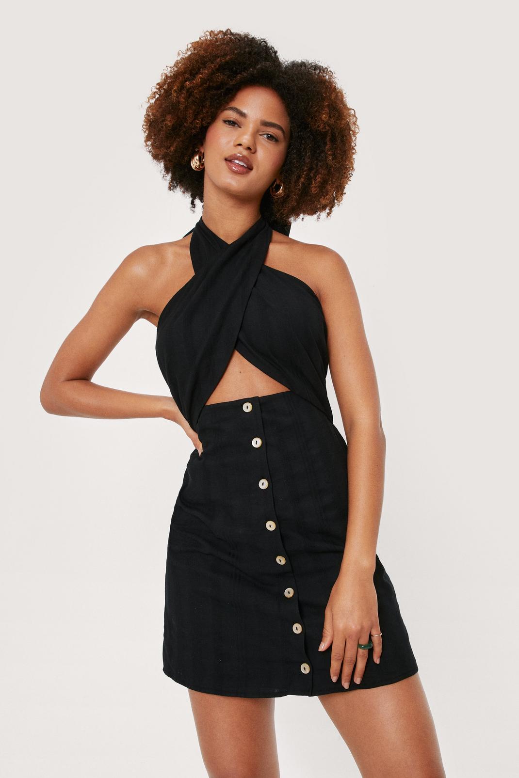 Black Button Down Cut Out Crossover Mini Dress image number 1