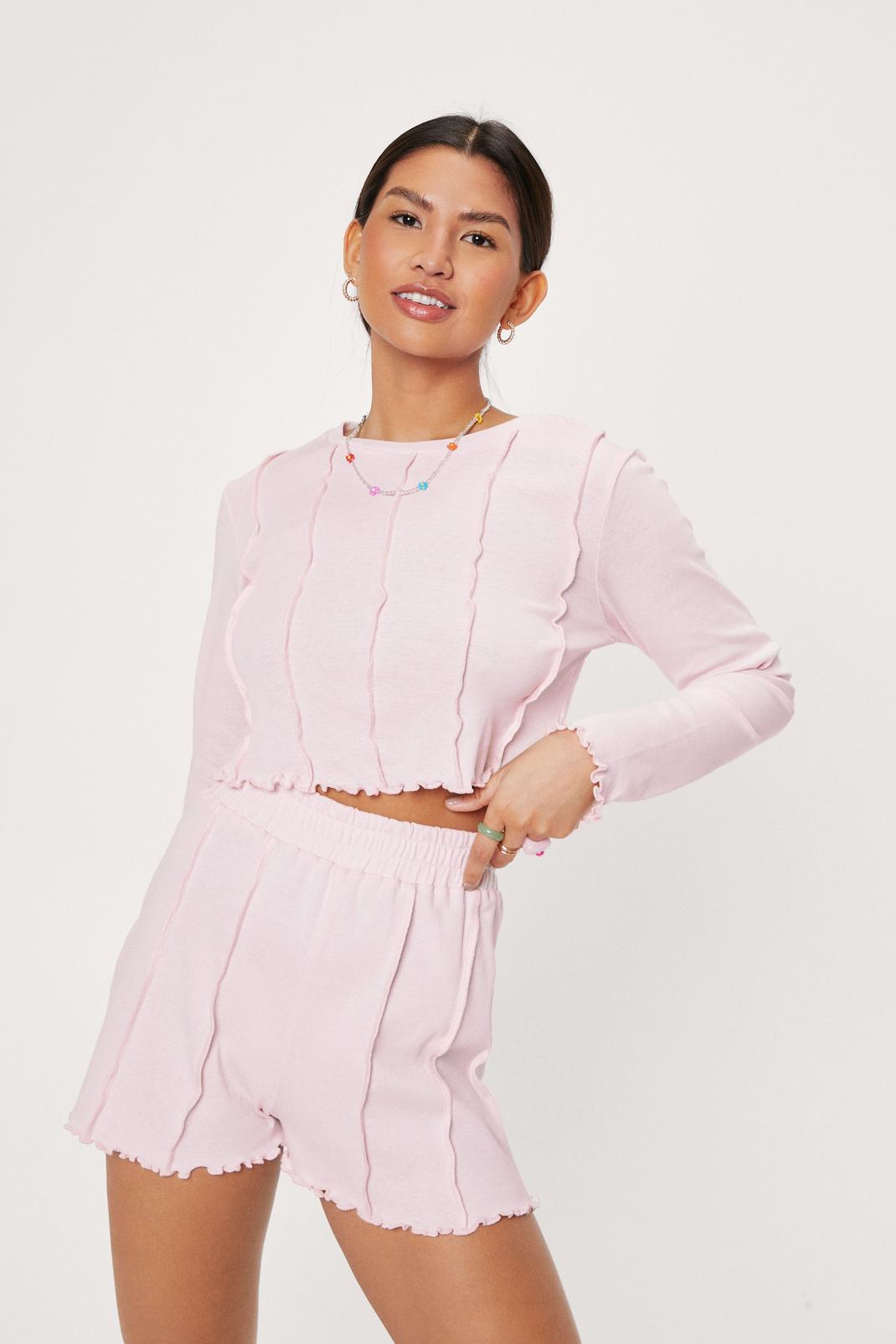 Pink Ruffle Seam Detail Pajama Top and Shorts Set image number 1