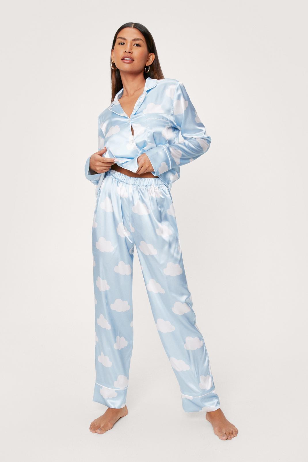 Blue Cloud Satin Button Through Pajama Trouser Set image number 1