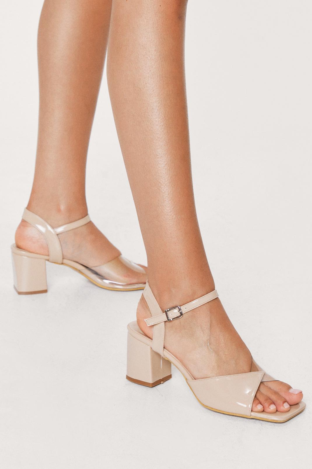 Nude Faux Leather Clear Contrast Block Heel Sandals image number 1