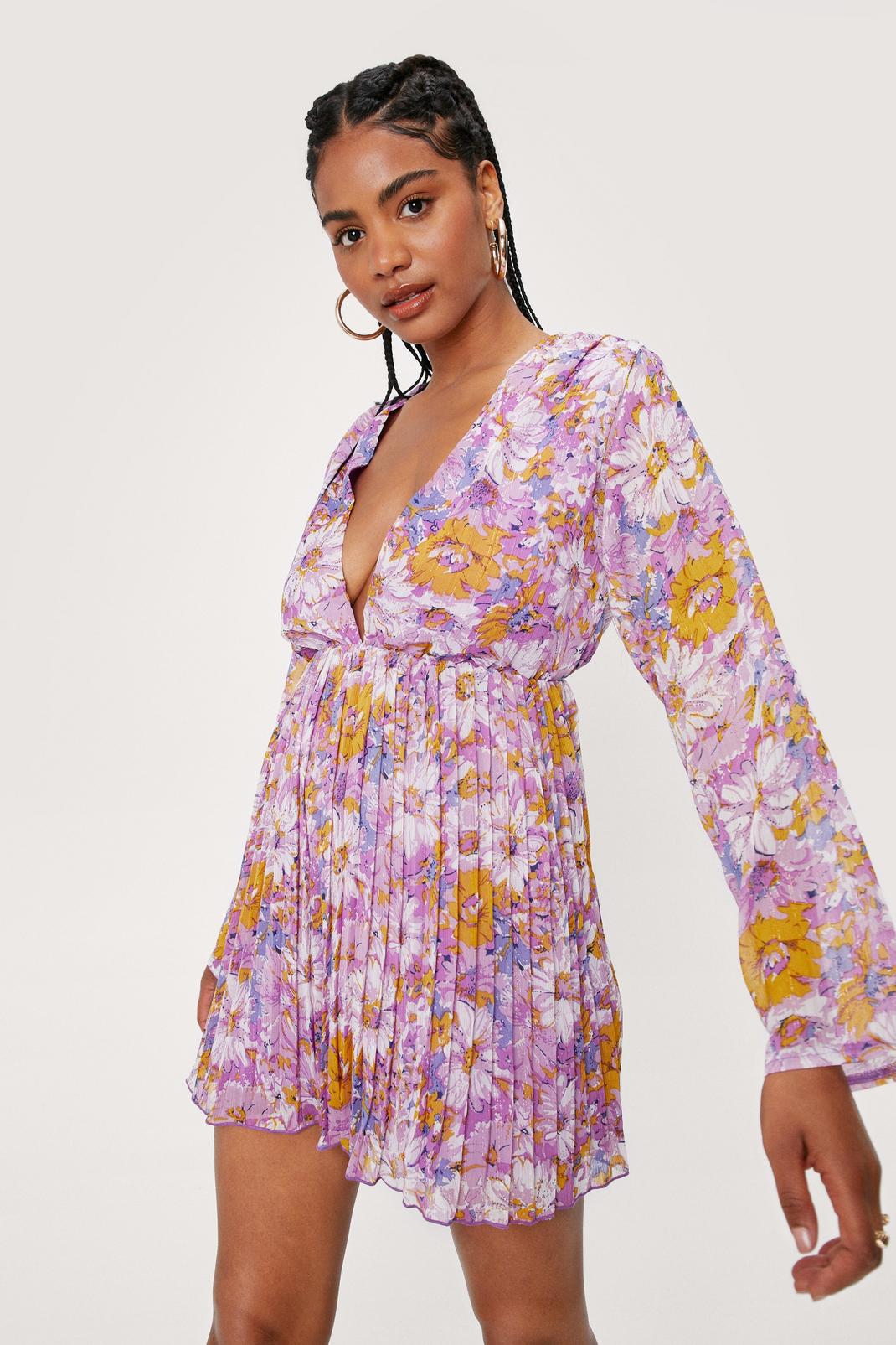 Lilac Pastel Sunflower Print Plunge Mini Tea Dress image number 1
