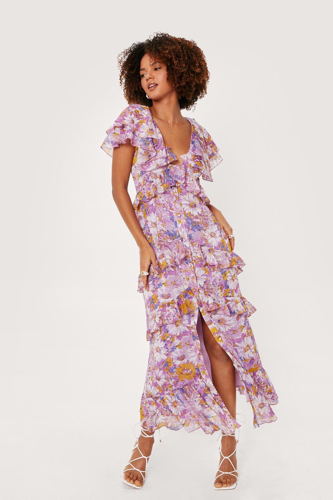 Lilac Floral Print Button Down Ruffle Maxi Dress image number 1