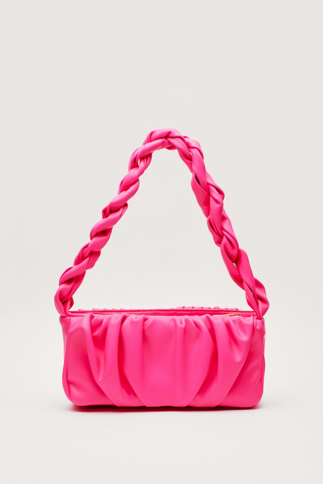 Hot pink Faux Leather Ruched Braided Shoulder Bag image number 1
