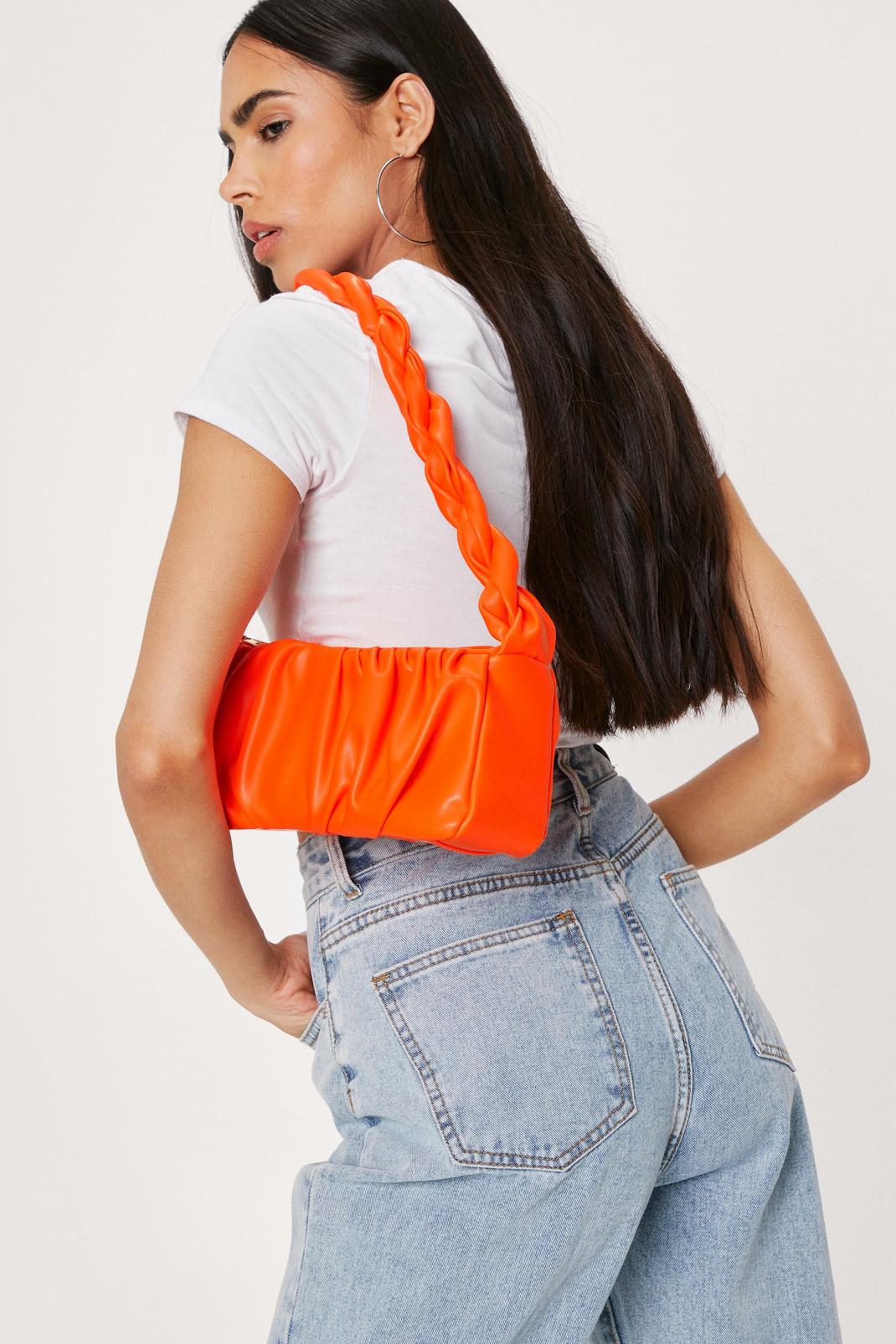 Orange Faux Leather Ruched Braided Shoulder Bag image number 1