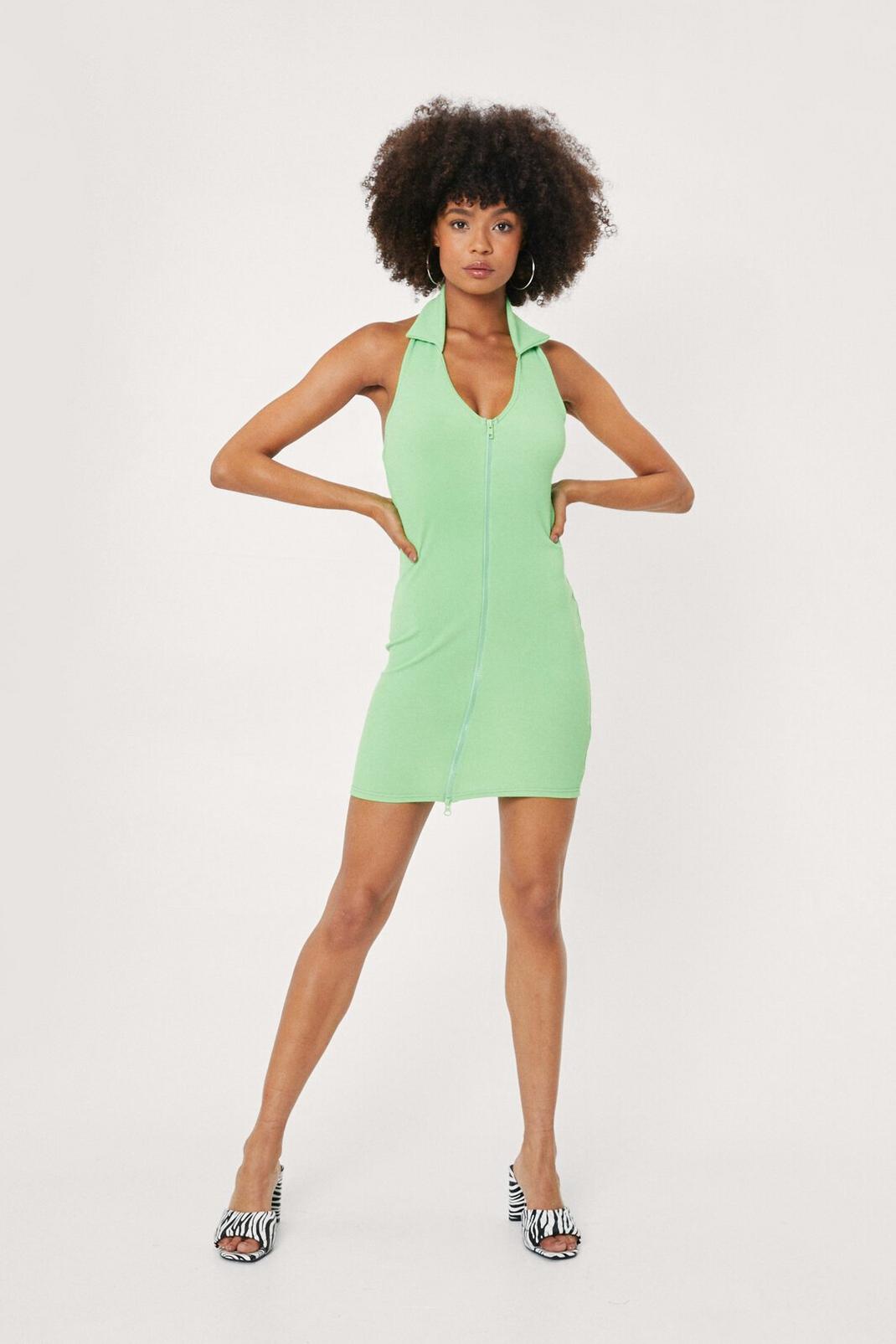 Green Collared Zip Bodycon Mini Dress image number 1
