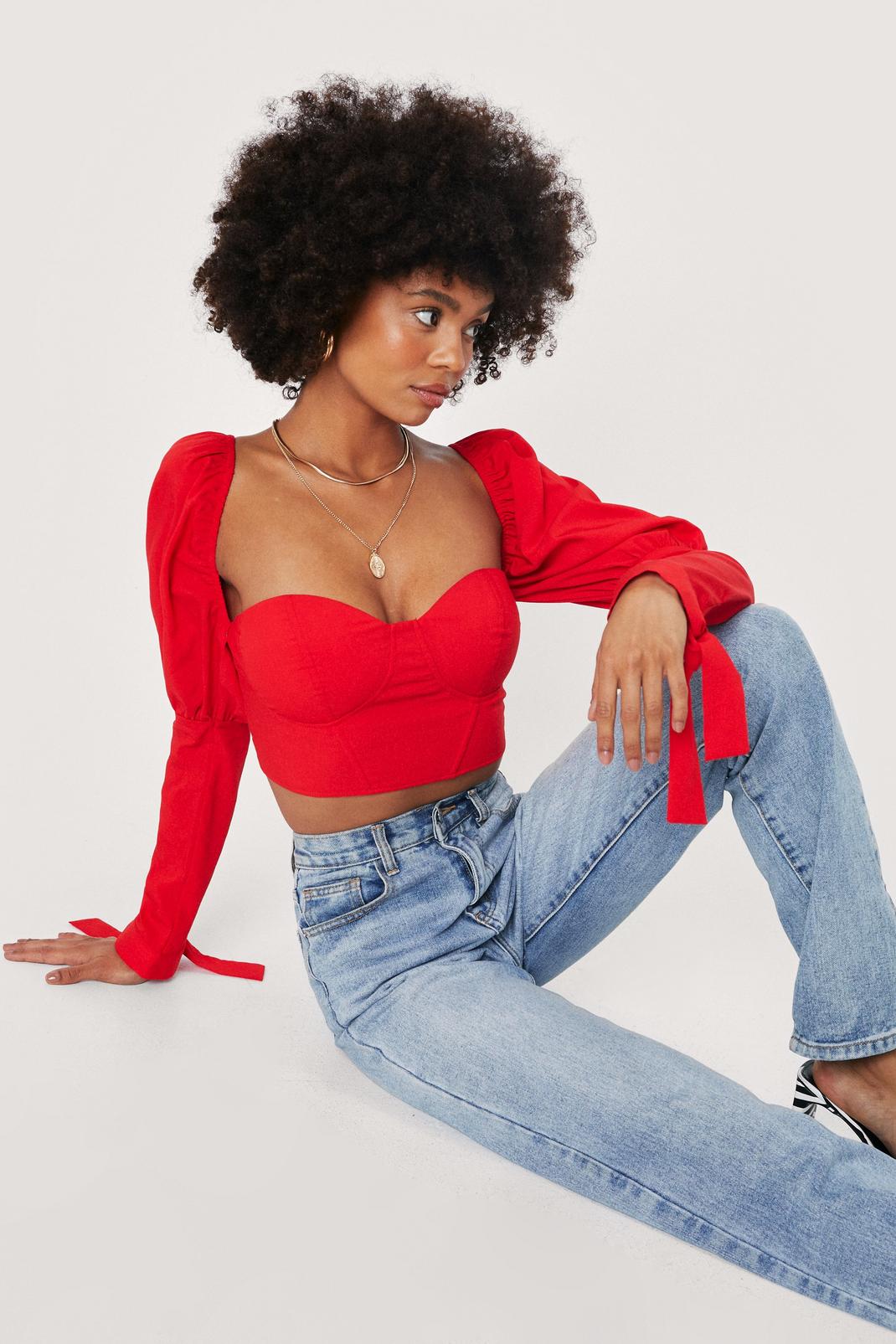 Red Corset Puff Sleeve Crop Top image number 1