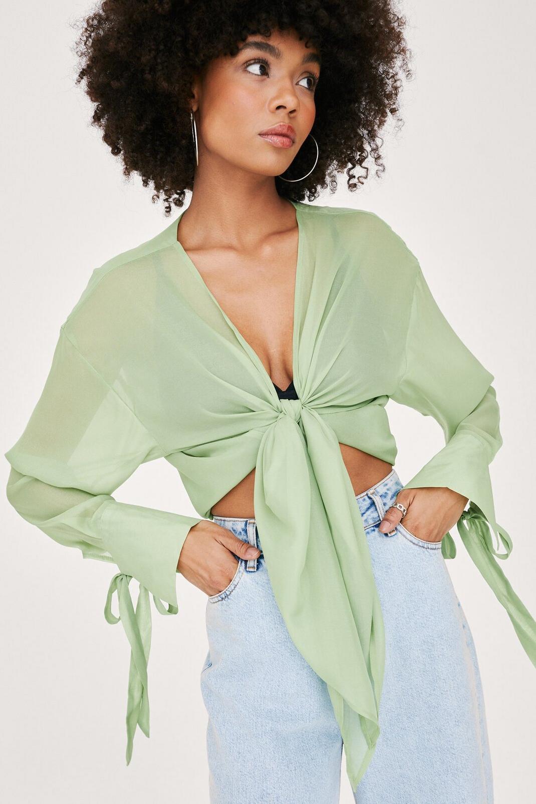Green Sheer Tie Hem Oversized Cuff Blouse image number 1